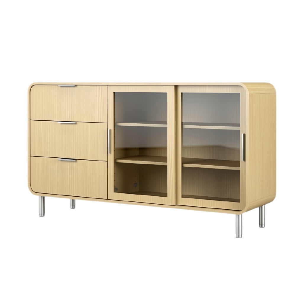 **Technische titel in het Nederlands: Moderne eikenhouten kast met glazen deuren en lades**