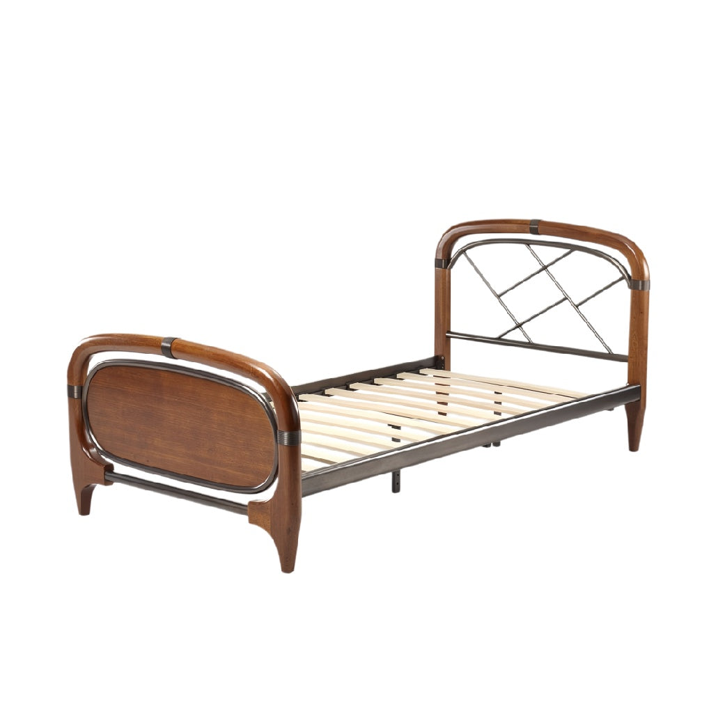 **Technische titel in het Nederlands: Eenvoudig houten bed met metalen frame en lattenbodem**